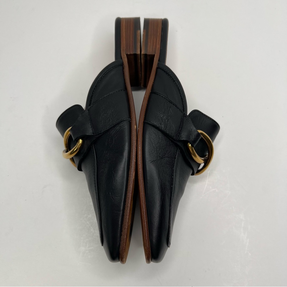 M. Gemi Black Leather Mule Slides with Gold Chain Accent - Picture 8 of 15